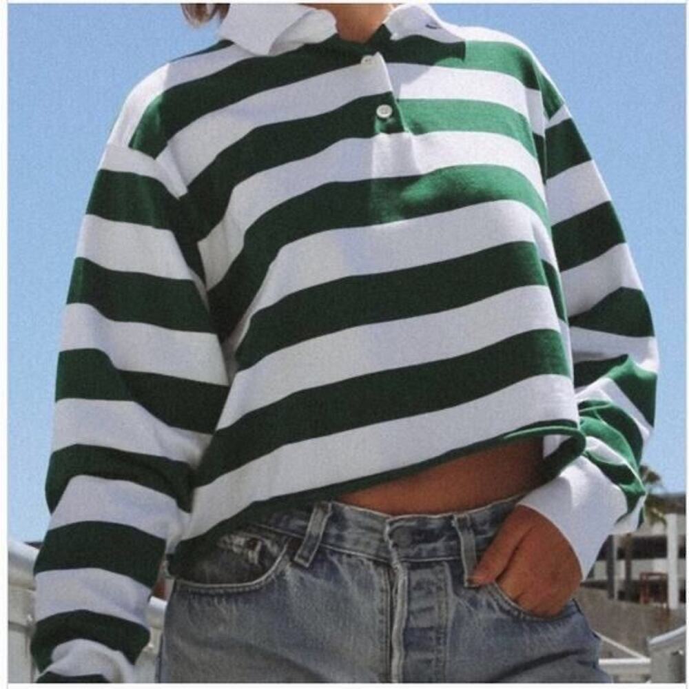 Brandy Melville Green Stripe Rugby Polo Shirt One Size